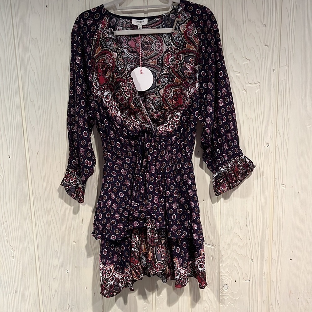 Nwt Umgee Wine Multiprint Surplice Long Sleeve Tiered Short Dress, Size M